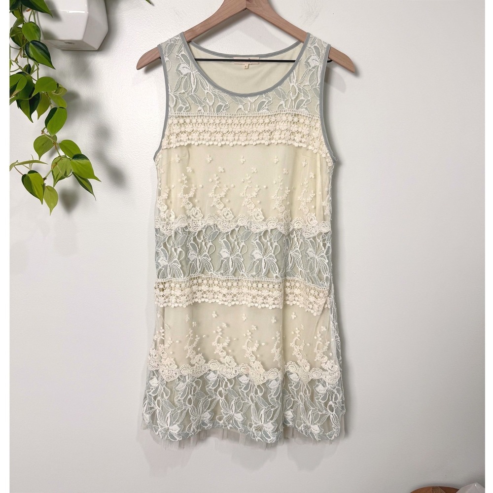 Ryu Lace Mini Dress Cream Floral Tulle Mesh Sleeveless L Boho Romantic Feminine